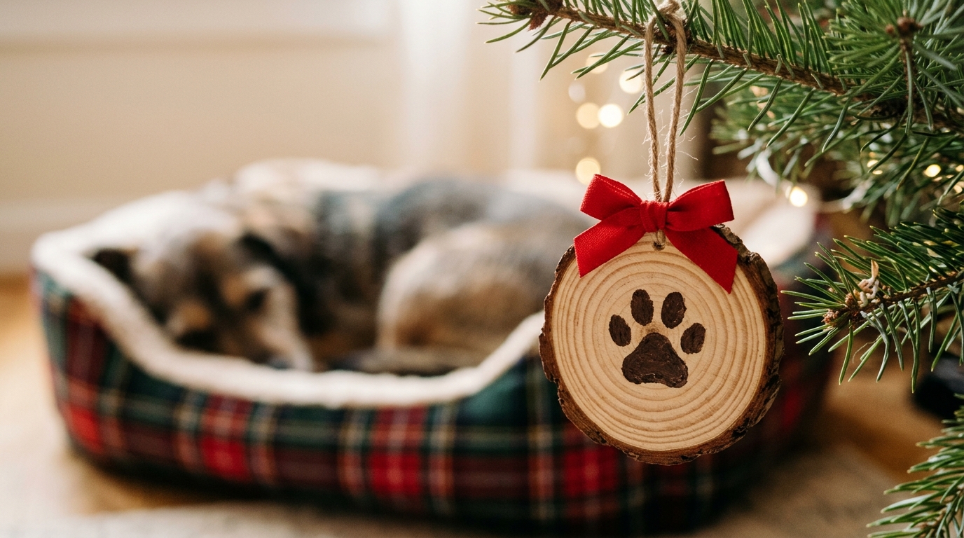 Wood slice pet ornament with a painted paw print