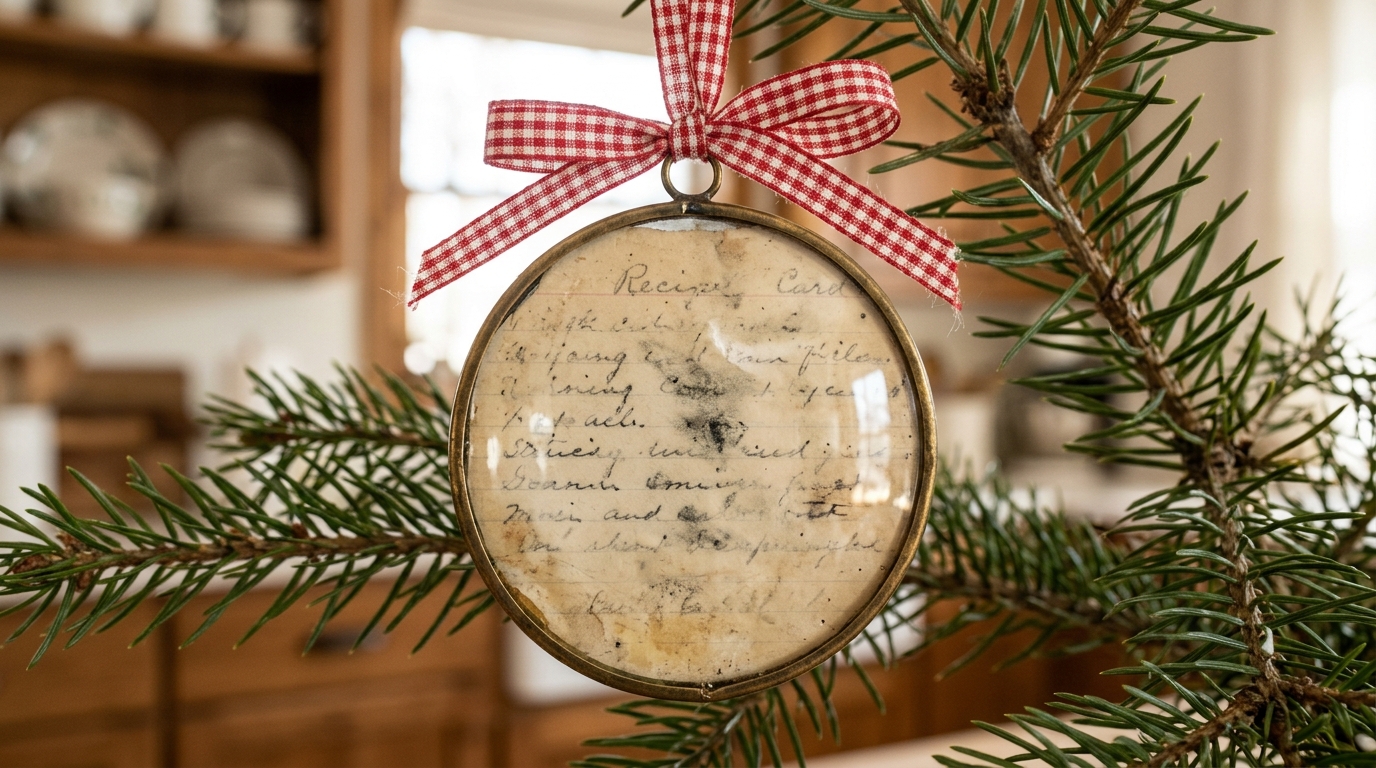 Recipe card ornament with gingham ribbon on a pine branch