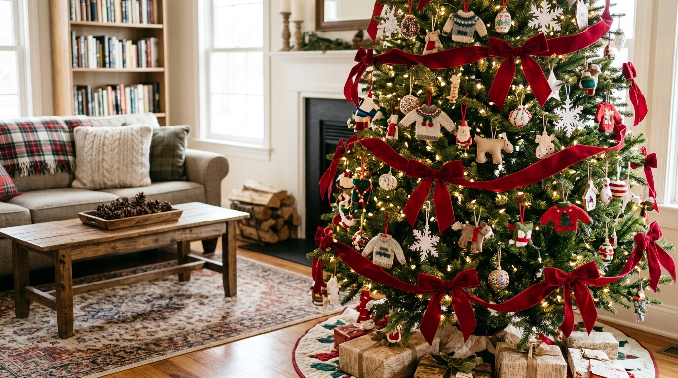 Personalized Christmas ornaments tied with one red velvet ribbon on a cozy tree