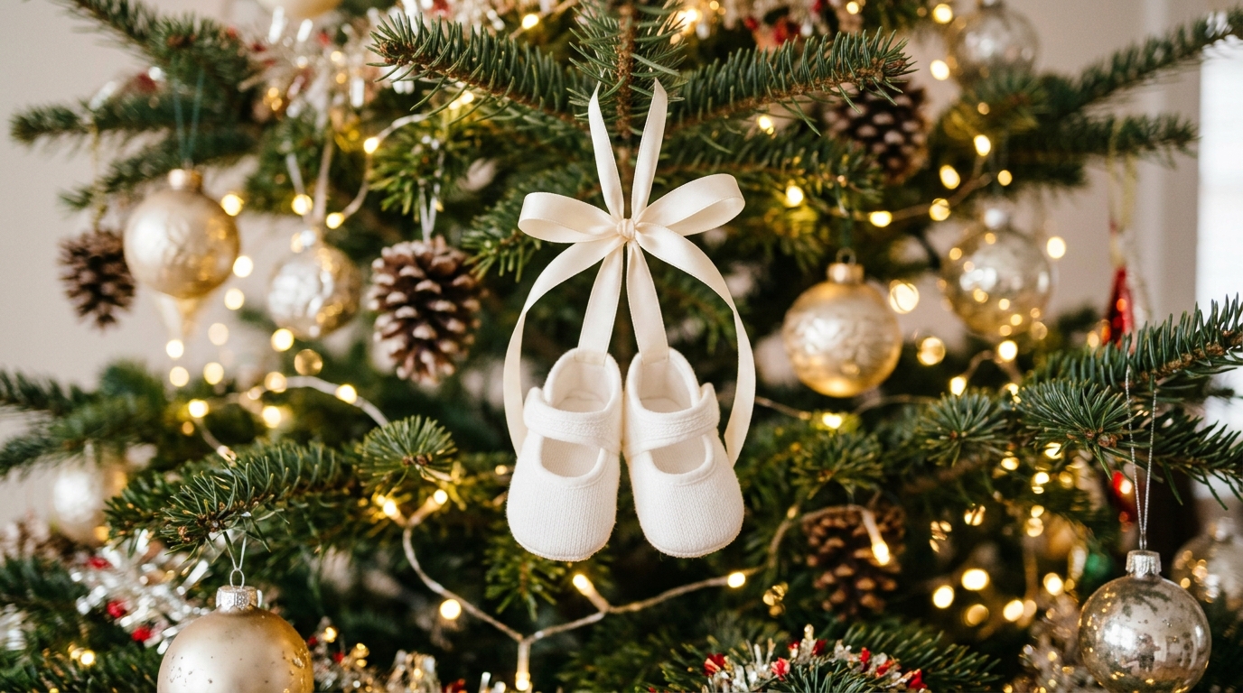 Tiny white baby shoes hung as an ornament on a tree