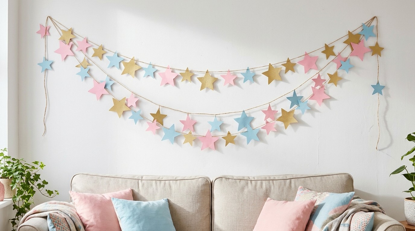 Garland of wonky hand cut paper stars in pink, gold and blue over a sofa