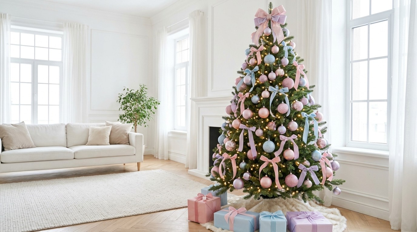 Whimsical Christmas decor tree in rose pink, powder blue and lilac ornaments