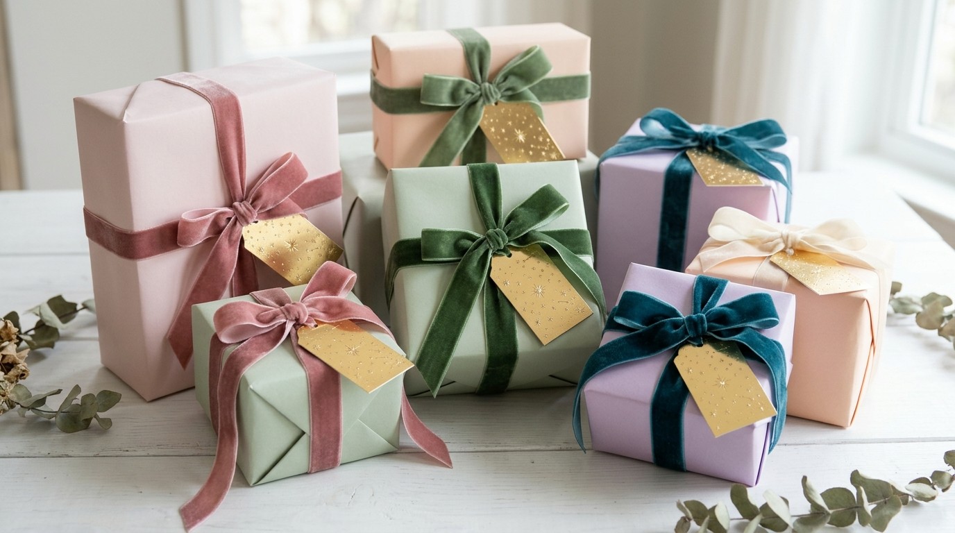 Pastel wrapped gifts with gold foil tags etched with stars and velvet ribbons