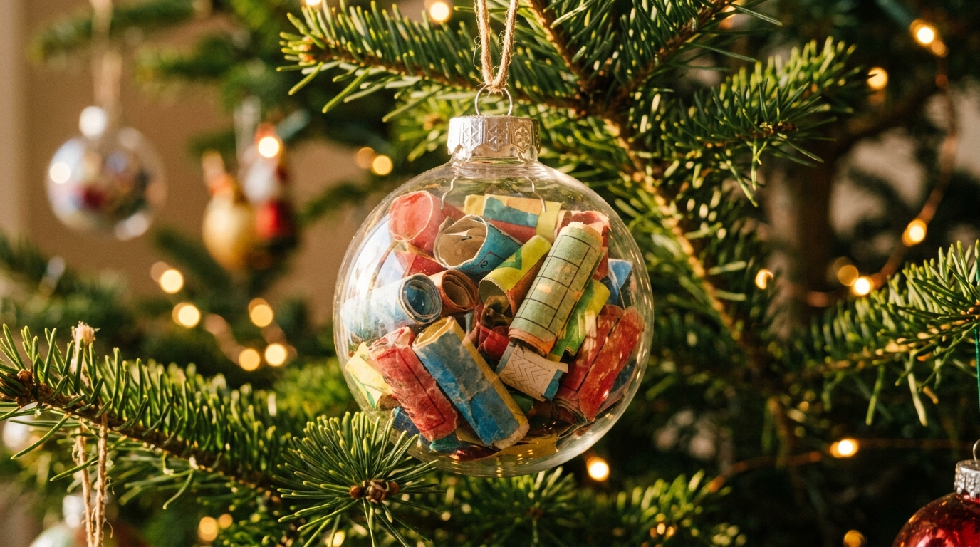 Clear ornament filled with rolled ticket stubs on a Christmas tree