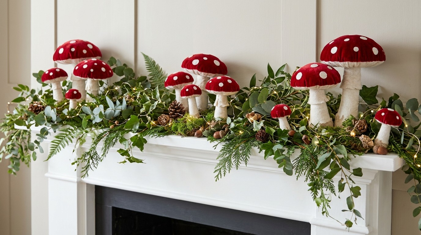 Red and white velvet toadstools of different sizes on a white mantel with greenery