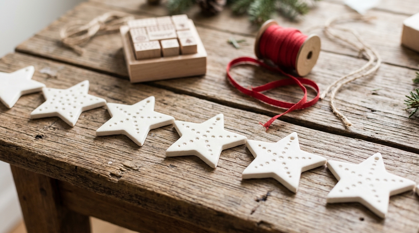 White clay star ornaments with stamped dots on a table