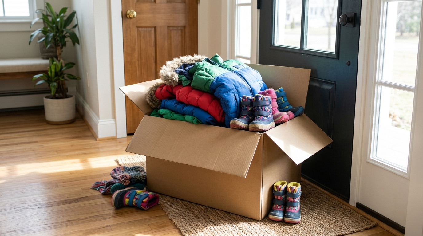 Outgrown kids boots and coats in a donation box by the door