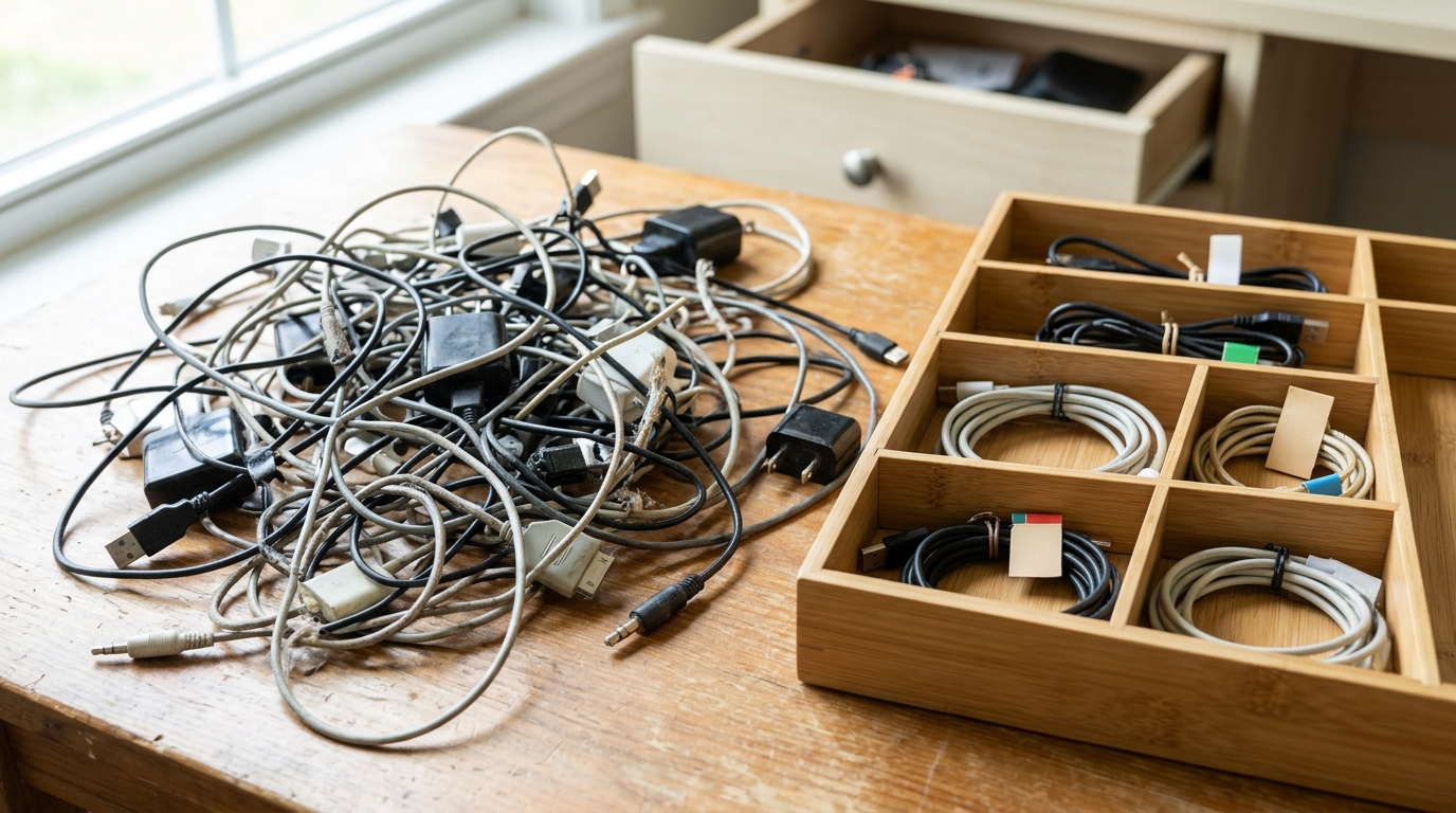 Tangle of old chargers beside a neat drawer of coiled cables