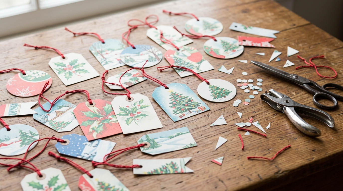 Gift tags cut from old holiday cards with red string