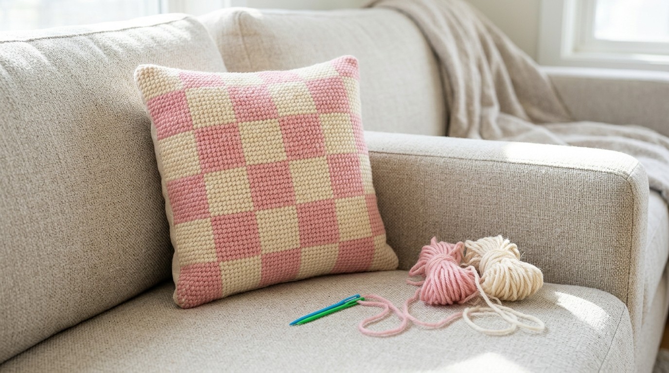 Needlepoint pillow ideas for beginners: a pink and cream checkerboard pattern with yarn