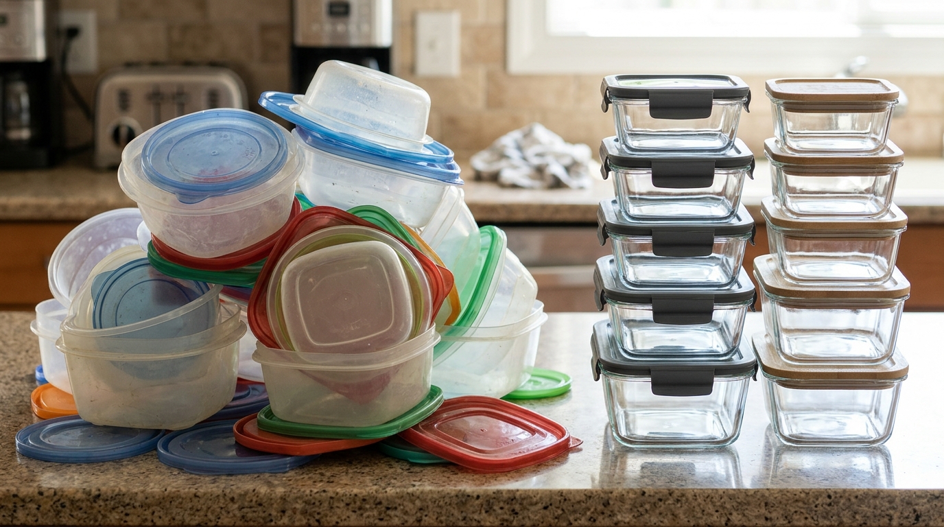Declutter before Christmas with mismatched food containers beside a neat matched stack