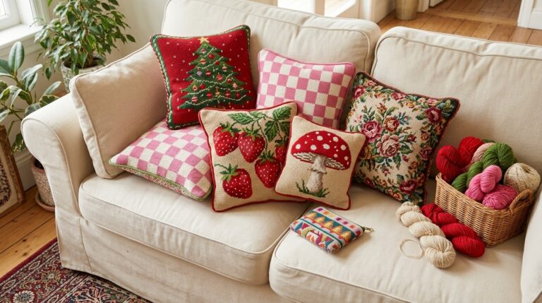 Needlepoint pillow ideas on a cream sofa: Christmas tree, strawberry, checkerboard, mushroom and floral pillows