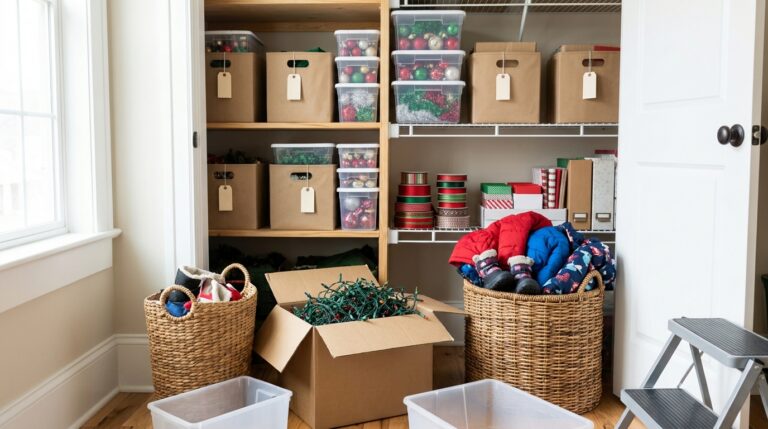 Declutter before Christmas with a donate basket of kids boots and coats, a box of old lights and neat holiday storage bins