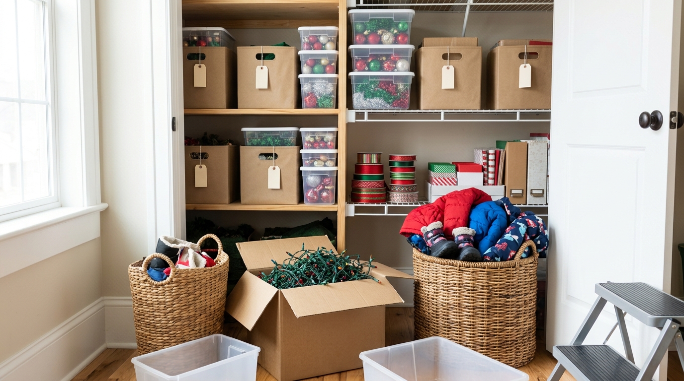 Declutter before Christmas with a donate basket of kids boots and coats, a box of old lights and neat holiday storage bins
