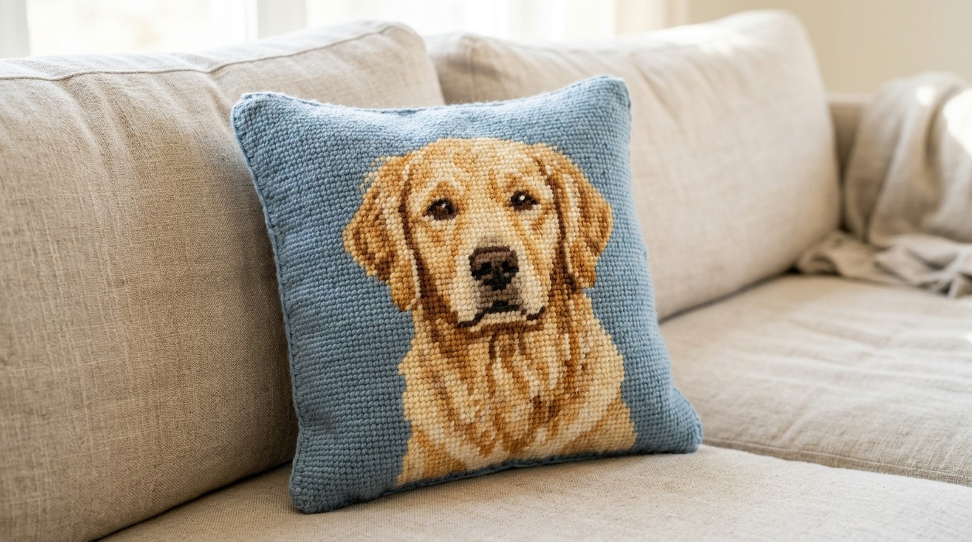 Needlepoint pillow ideas for pet lovers: a golden retriever portrait on a soft blue background