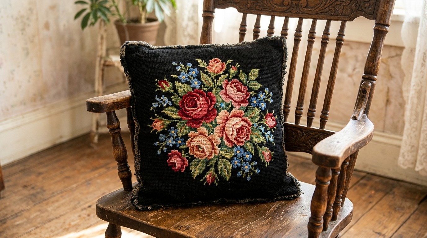 Vintage style needlepoint pillow with roses and blue flowers on black on a wooden chair