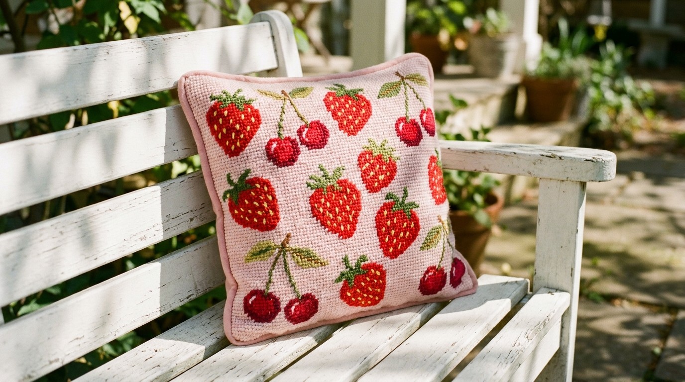 Needlepoint pillow ideas with red strawberries and cherries on a pale pink background
