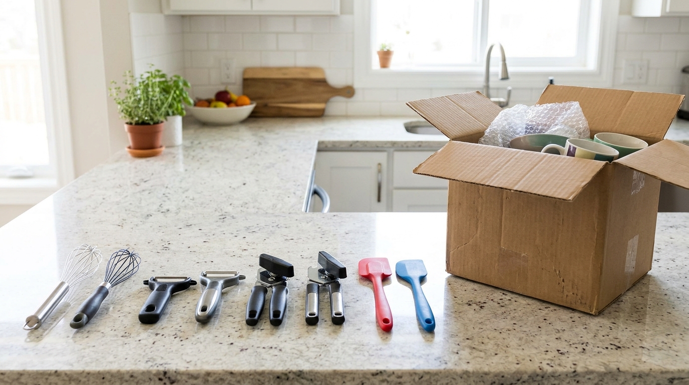 Duplicate kitchen gadgets laid out in pairs beside a donation box