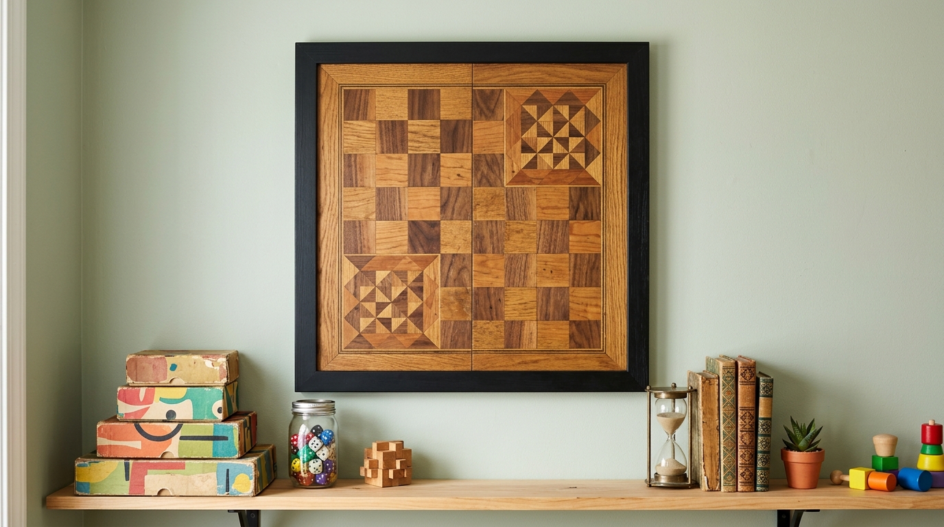 Old board game framed as wall art above a shelf