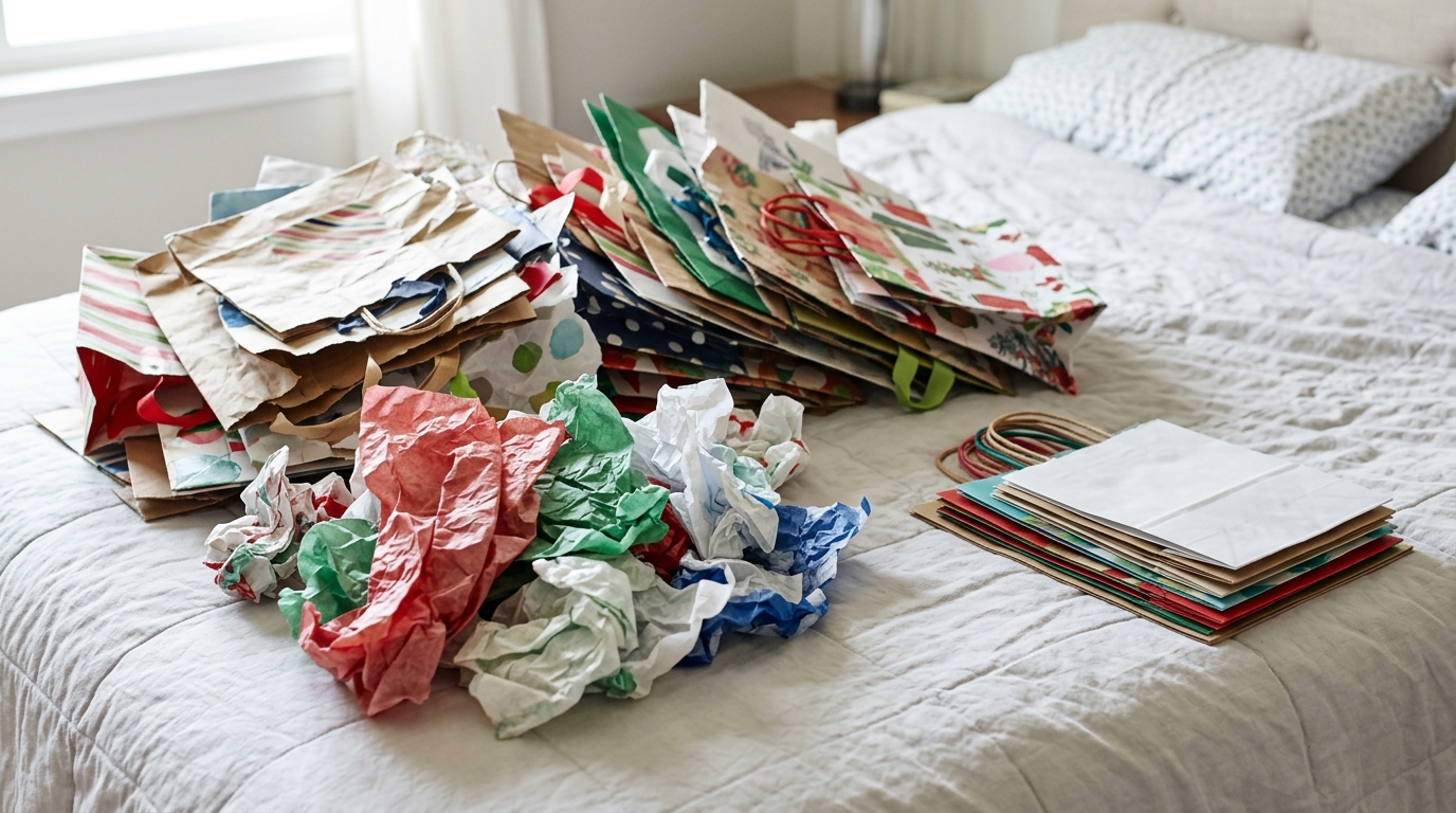 Declutter before Christmas by sorting torn gift bags and tissue on a bed