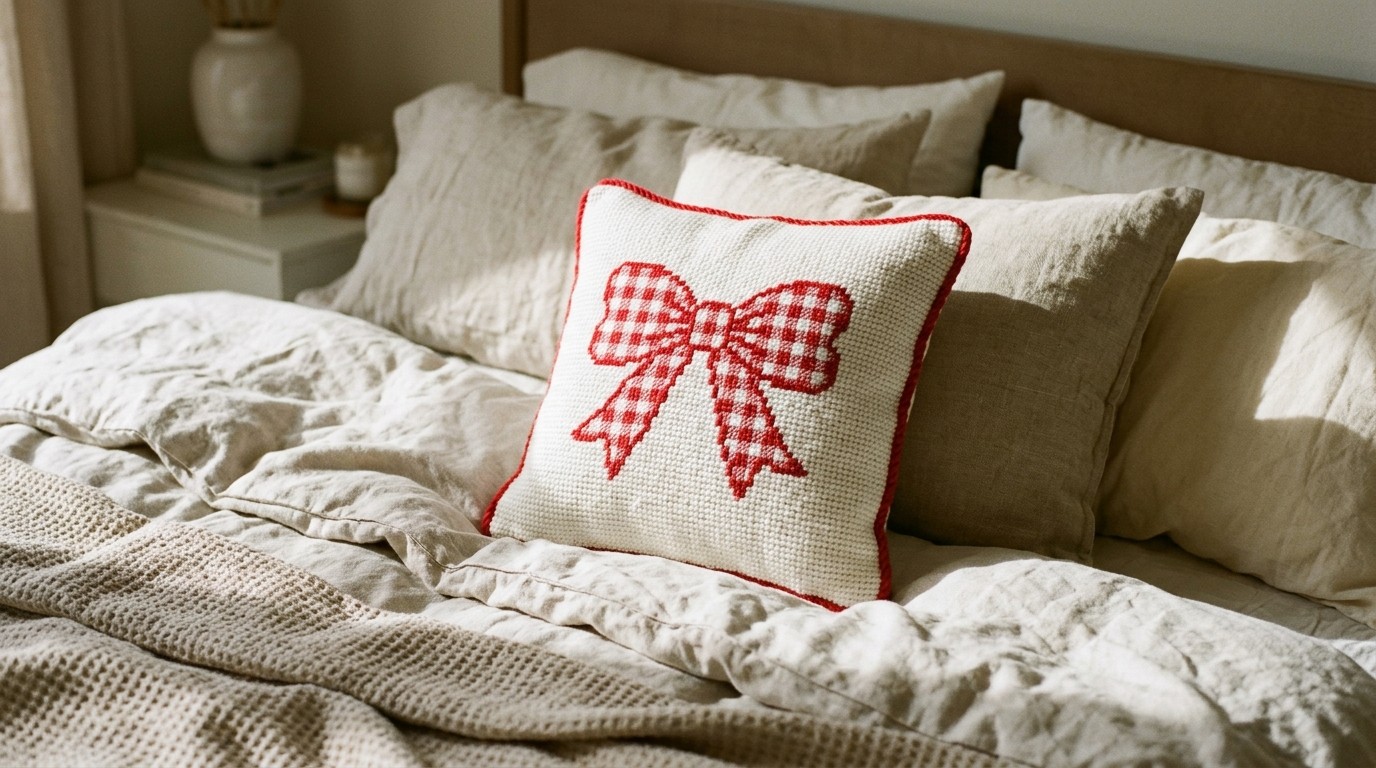 Needlepoint pillow with a red gingham bow on a white background on a bed