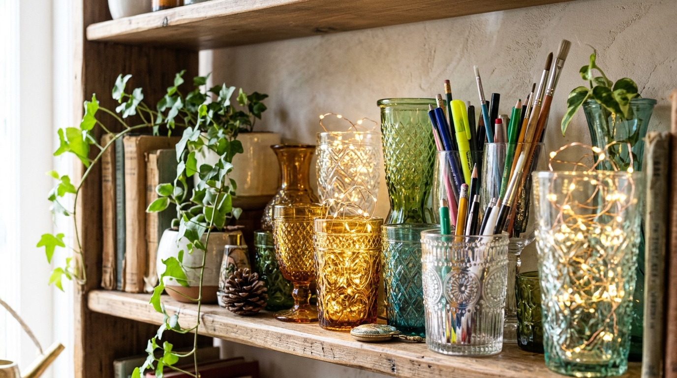 Glass vases reused as holders for LED fairy lights and pens