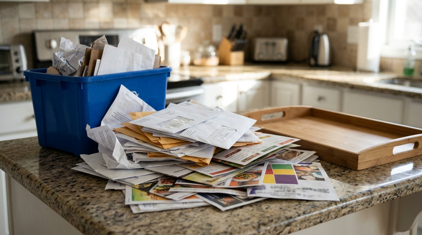 Declutter before Christmas with a pile of junk mail and menus by a recycling bin