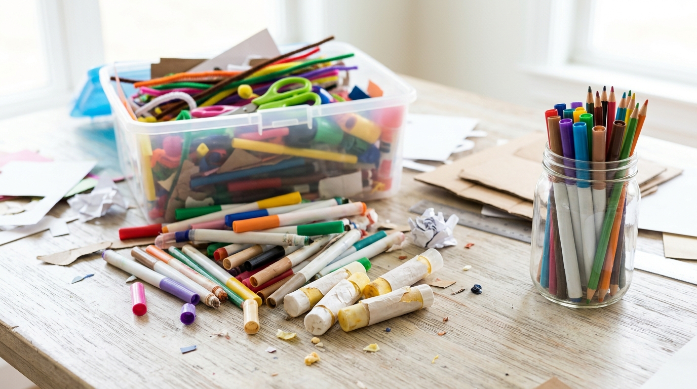 Dried out markers sorted from good ones in a craft bin