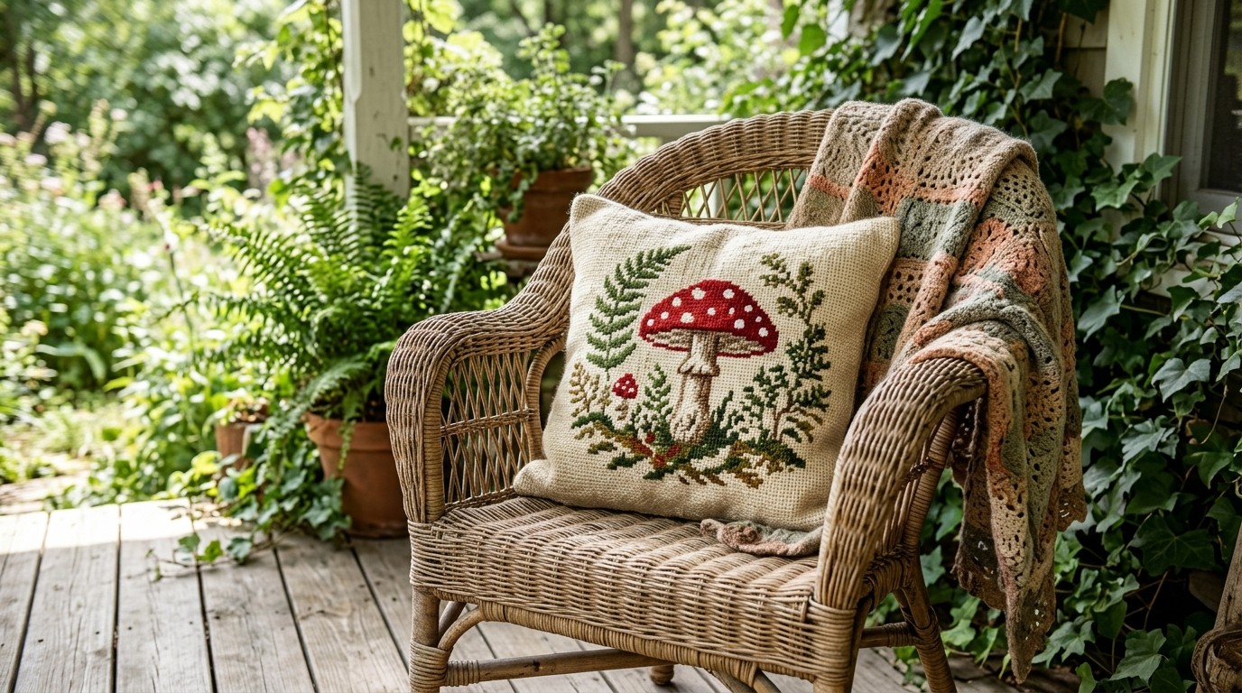 Needlepoint pillow ideas in cottagecore style with a red spotted mushroom and ferns on a wicker chair