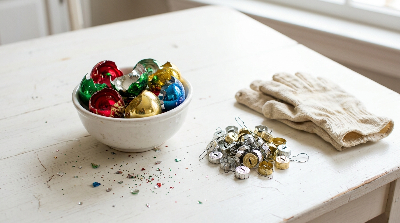 Bowl of chipped glass ornaments beside a pile of saved metal caps