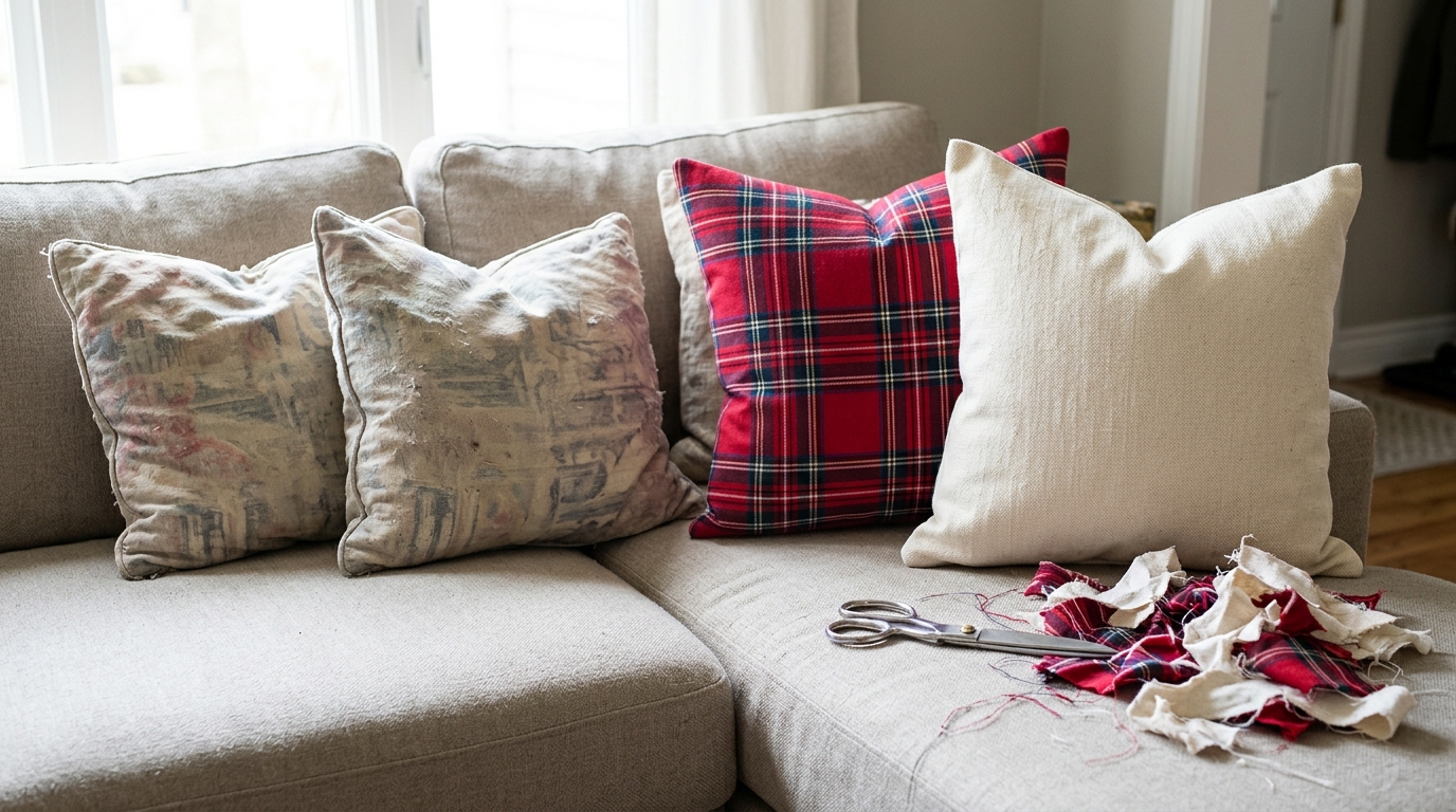 Faded throw pillows beside new red plaid covers on a sofa