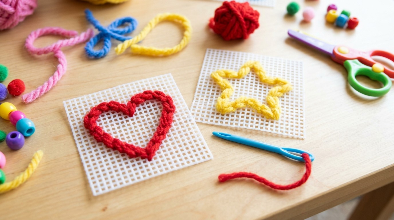 Kids plastic canvas craft with chunky yarn stitched into a heart and a star
