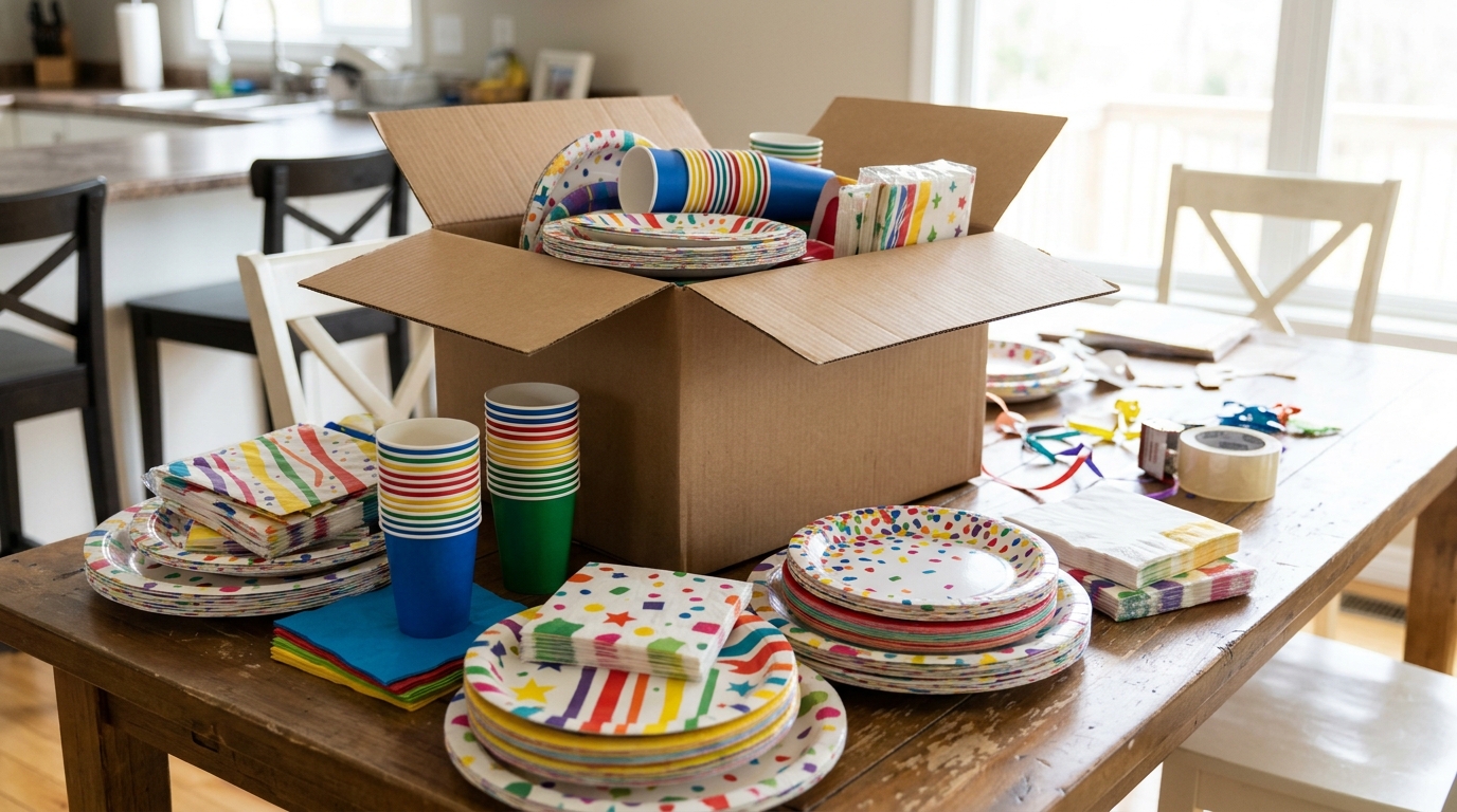 Leftover party plates and napkins sorted into a box