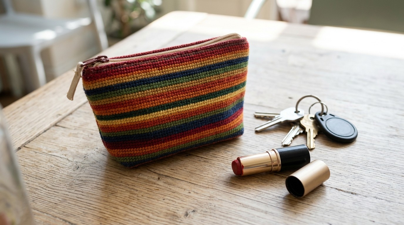 Small needlepoint zip pouch with colorful stripes next to keys on a table