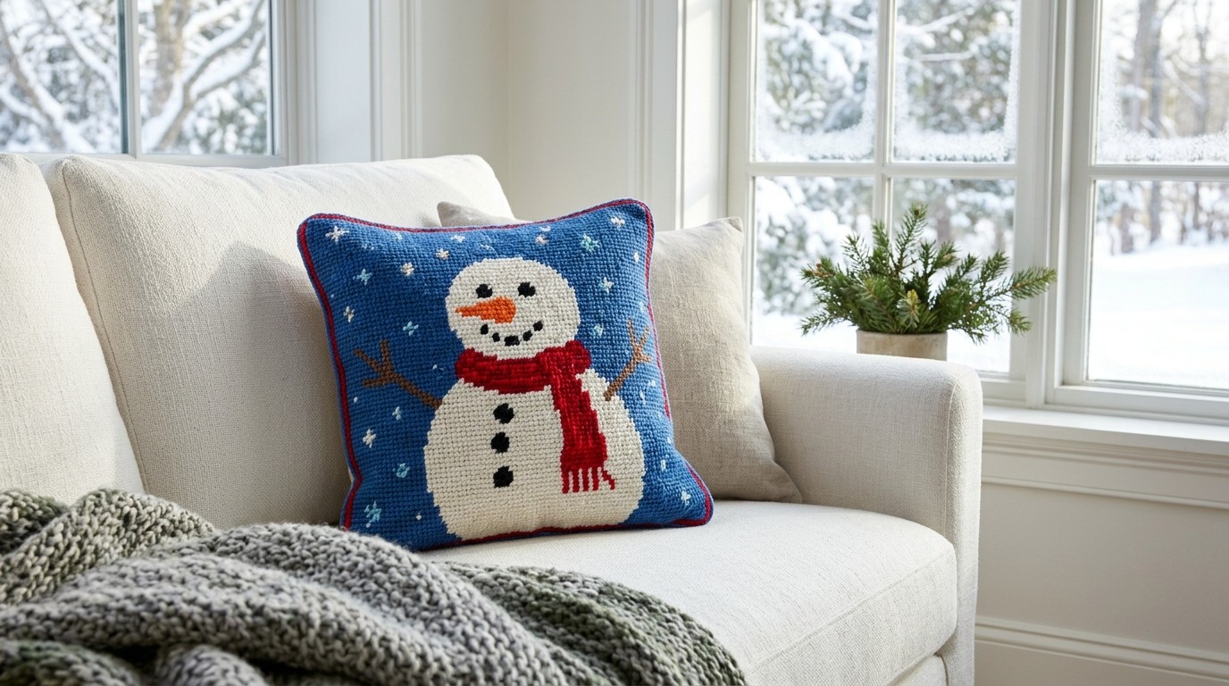 Needlepoint pillow with a cheerful snowman in a red scarf on a blue background