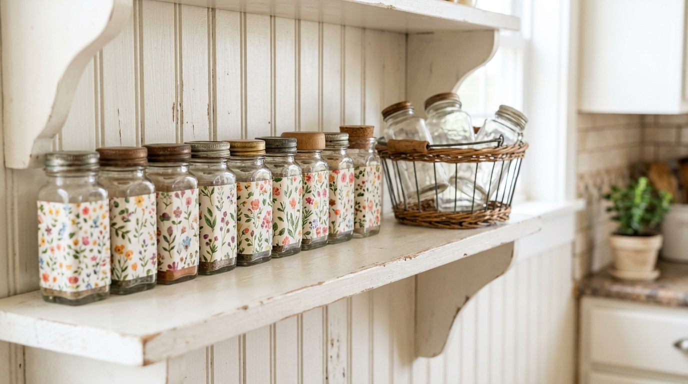 Spice jars decoupaged with floral paper on a white shelf