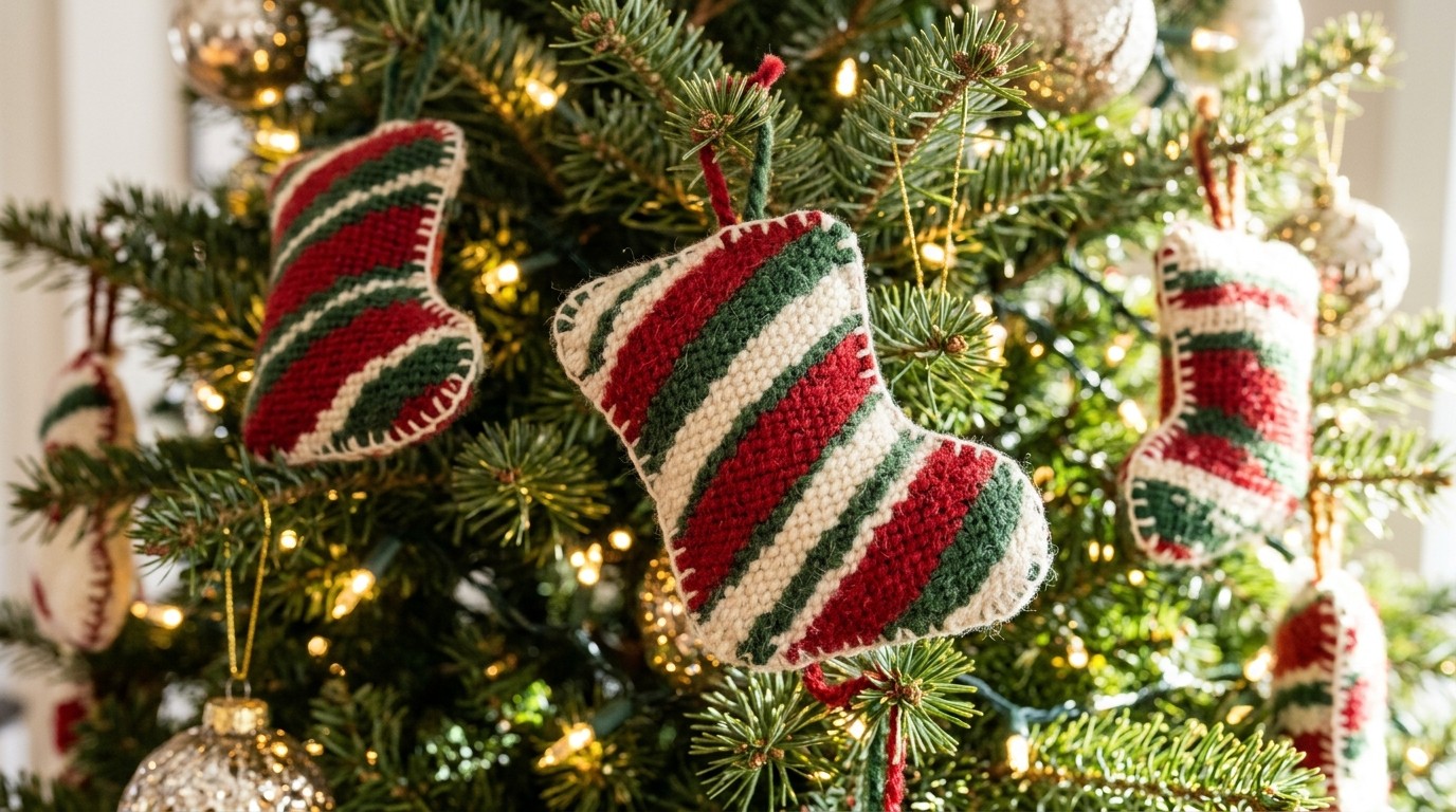 Needlepoint pillow ideas for the tree: striped mini stocking ornaments with LED lights