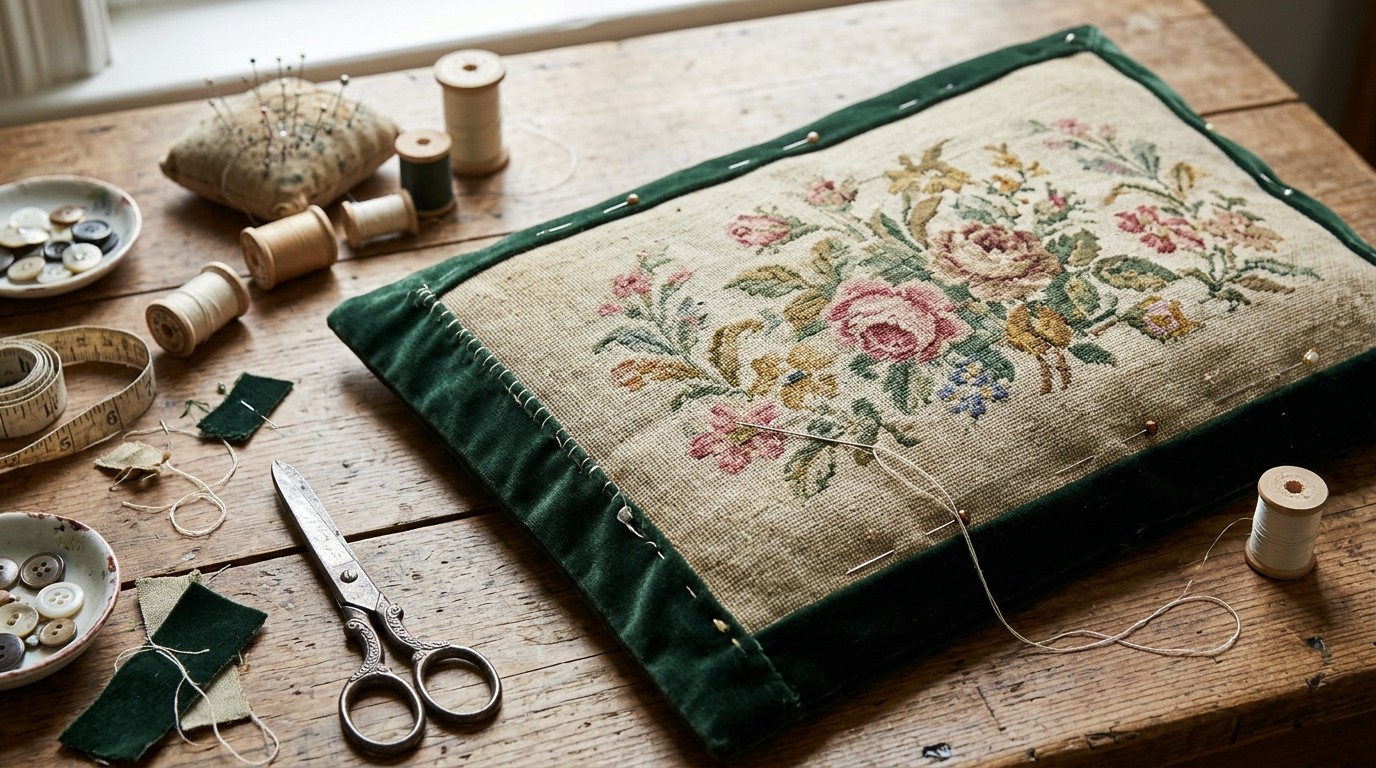 Old vintage floral needlepoint panel being sewn onto a new velvet pillow back