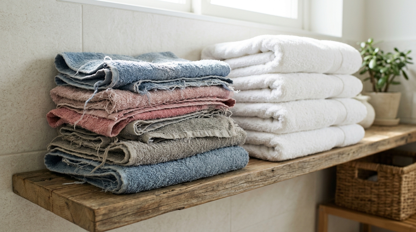 Declutter before Christmas with worn towels set aside beside fresh white towels
