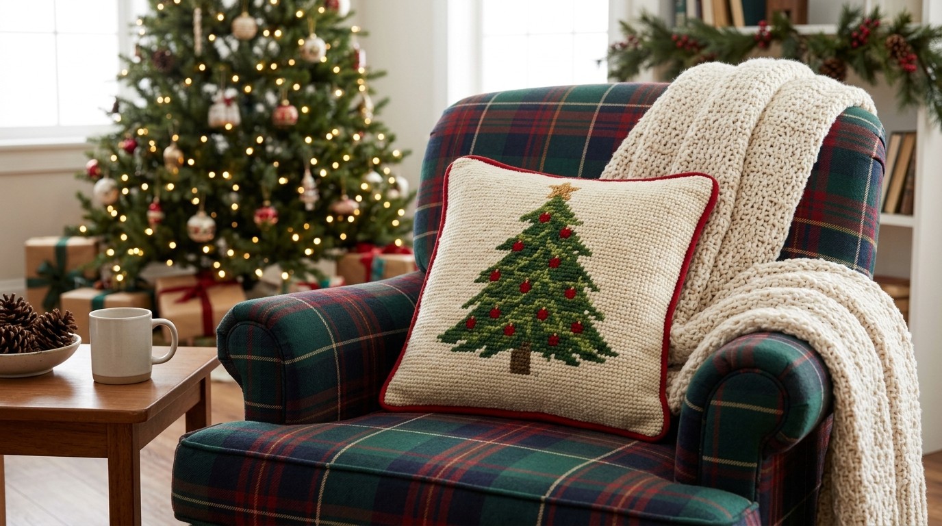 Needlepoint pillow with a stitched green Christmas tree and red baubles on a plaid chair