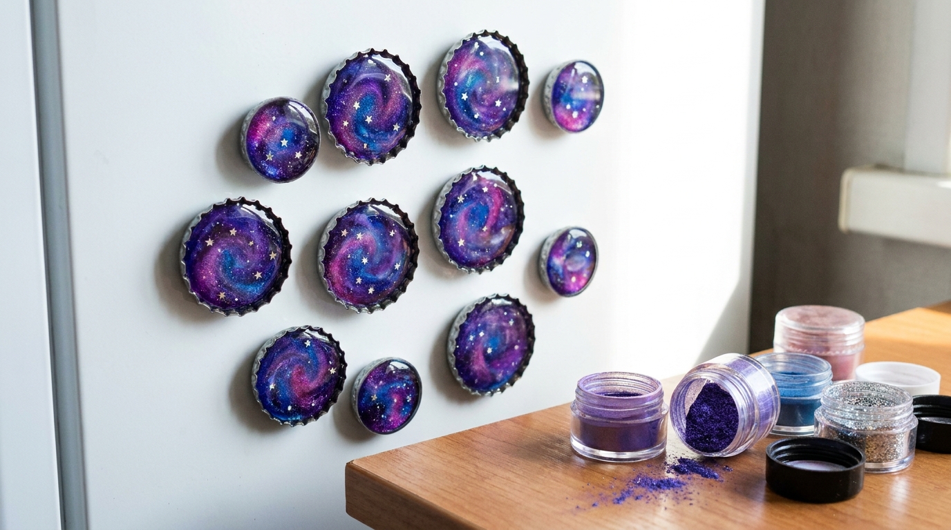 Epoxy resin creations: purple and blue galaxy resin bottle cap magnets on a white fridge