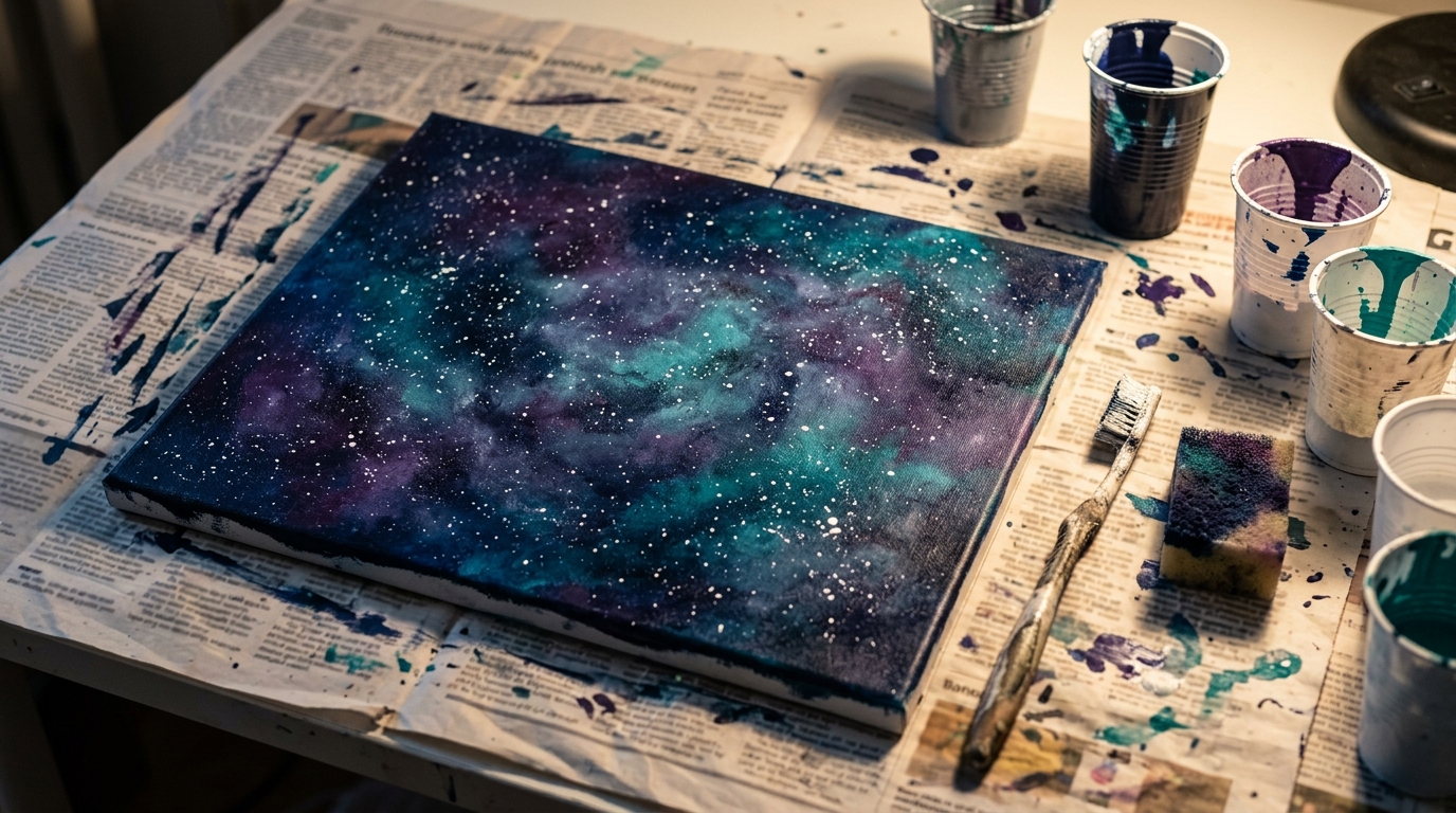 Purple and teal galaxy swirls with white splatter stars next to an old toothbrush