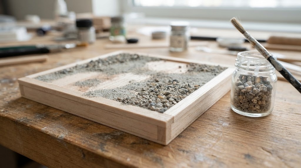 Small balsa wood diorama base covered in fine gravel