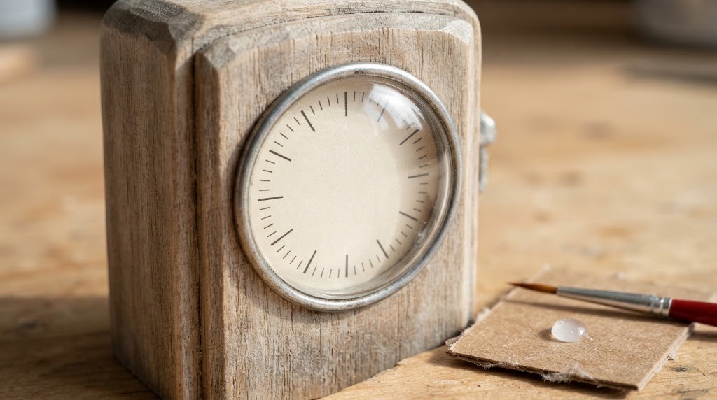Close up of a tiny round dial window on a wooden miniature pump