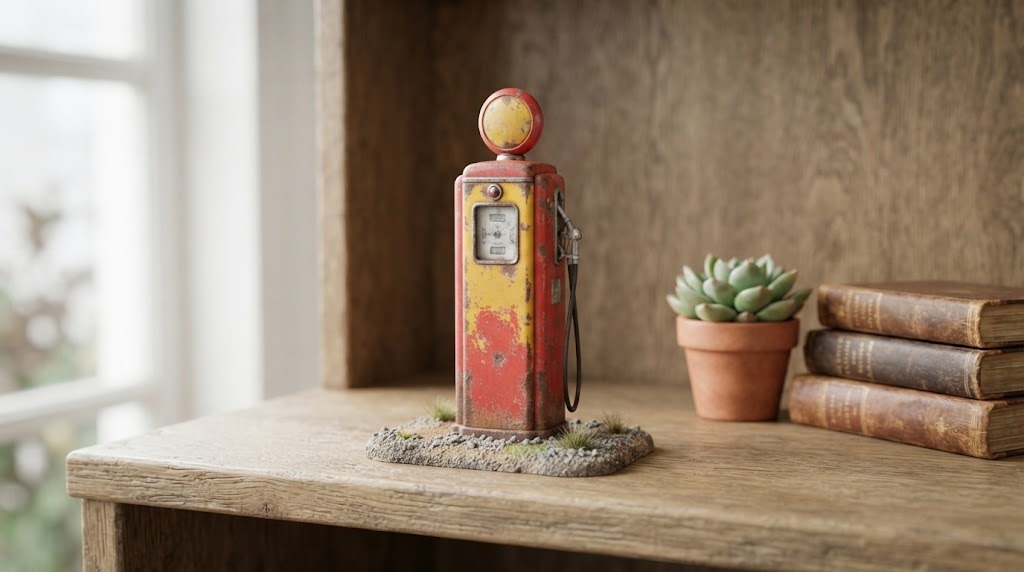Finished weathered miniature pump displayed on a shelf with books and a succulent