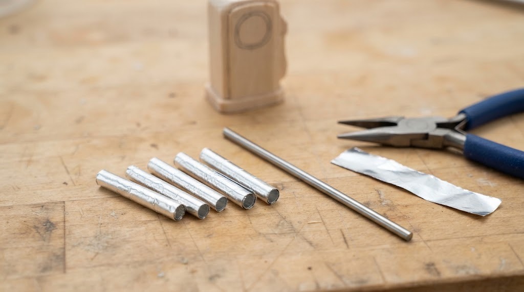 Tiny rolled metal tubes, a rolling rod and pliers on a workbench