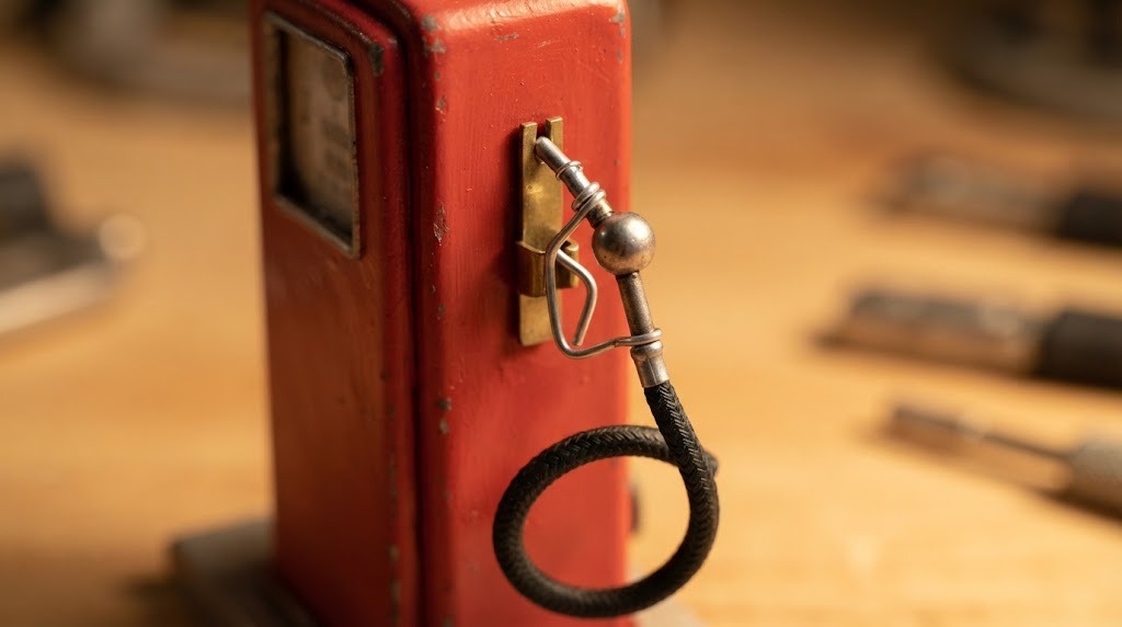Tiny silver nozzle resting in a holder on the side of a red miniature pump