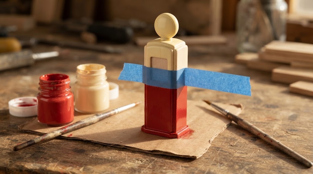 Retro gas pump miniature being painted red and cream yellow with tape