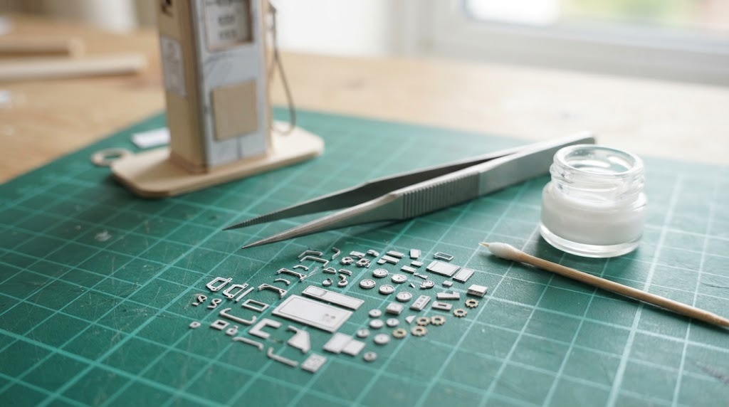 Fine tweezers beside dozens of tiny cut paper parts for a miniature model