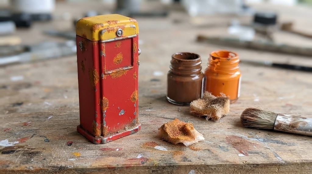 Retro gas pump miniature with rust colored weathering paint and a sponge